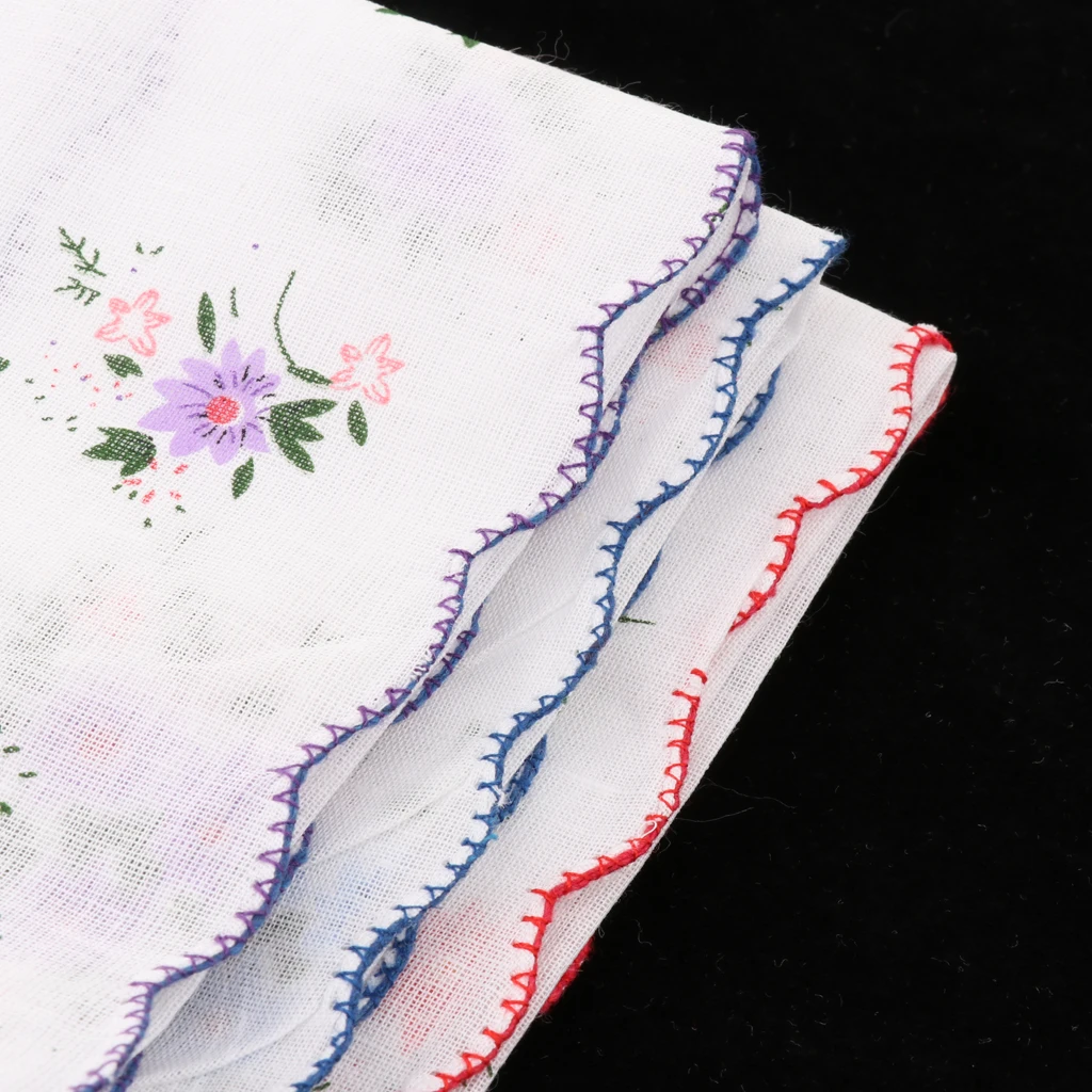 3 Pack Flower Embroidered Handkerchief Women 100% Cotton Square Pocket Hanky Girls Cute Wavy Edge Kerchiefs Hankie