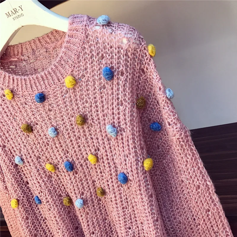 Милый цветной вязаный свитер с аппликацией в виде шариков для волос и юбка из сетчатой ткани с блестками, комплект из двух предметов для женщин на весну и осень