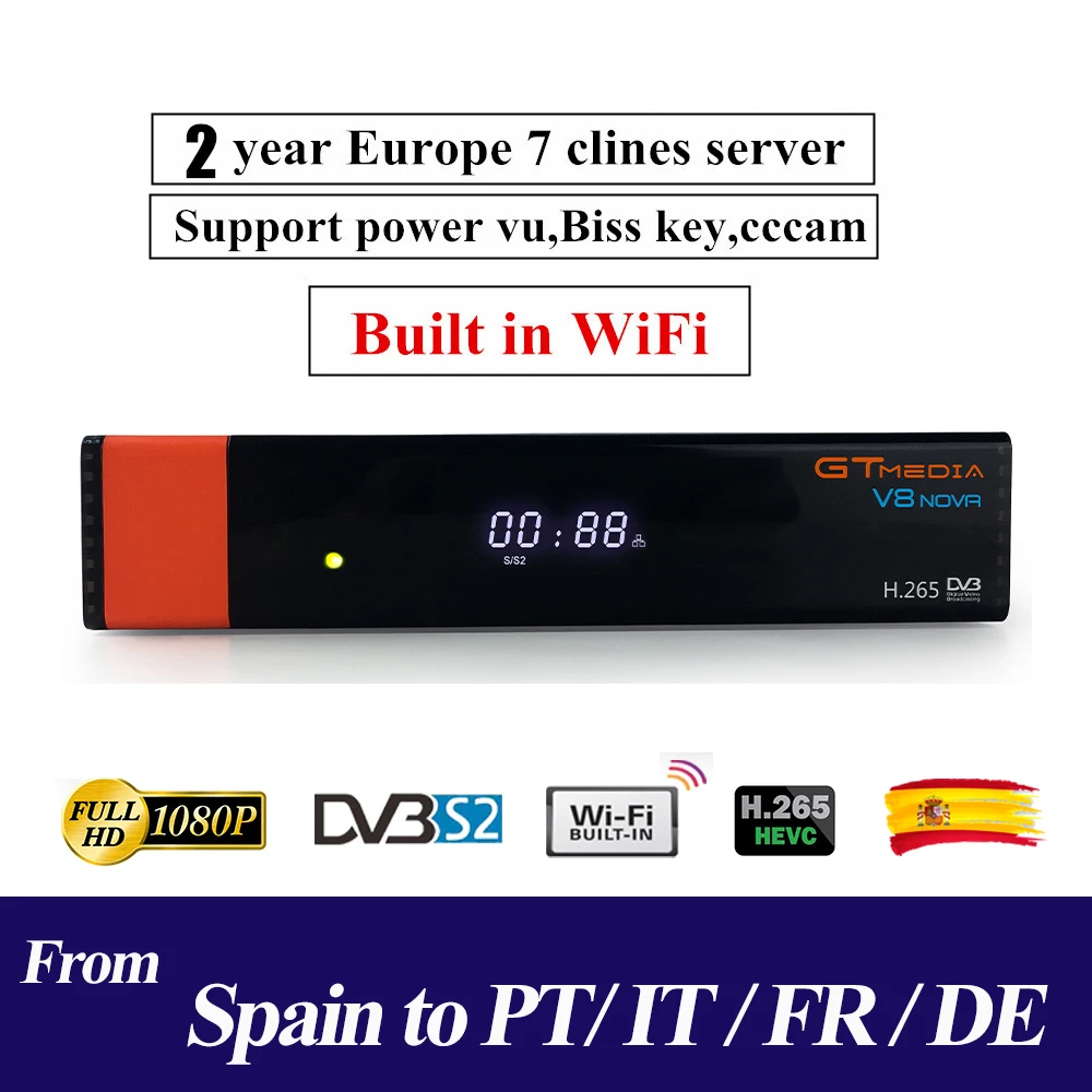 GTmedia V8 NOVA такой же как Freesat V8 V9 супер DVB S2 спутниковый ТВ приемник декодер рецептор+ 1 год 7 линий Европейский Clines