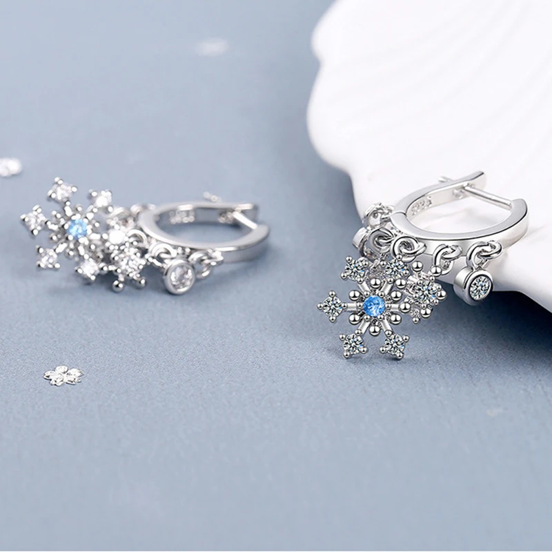 Real 925 Sterling Silver Jewelry New Original Fashion Crystal Snowflake Drop Earrings For Women FQL22176