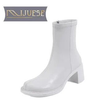 

MLJUESE 2021 women Mid-Calf boots Cow leather Winter short plush Square Toe Zipper High heels female Riding boots size 39