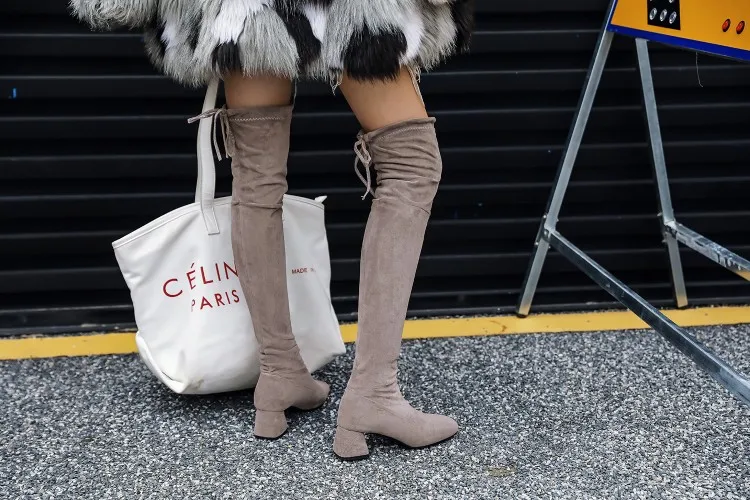 NASBAVI new Elastic Slim Fit Over The Knee Boots Women Winter thigh Lace up ladies mid heel Solid color long boot