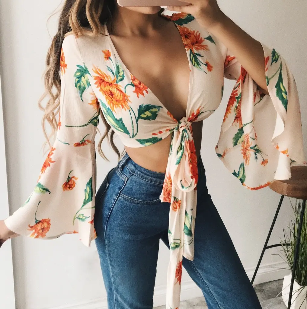 Blusa holgada de Chifón con manga larga para verano, camisa con estampado de flores para mujer, Estilo Vintage