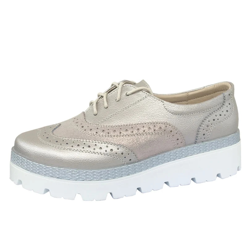 shinny pearl beige EOFK/Женская обувь с перфорацией типа «броги»; женские туфли-оксфорды из натуральной кожи; классическая женская кожаная обувь на плоской платформе; женская обувь высокого качества - Color: shinny pearl beige