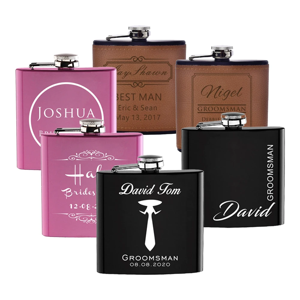 

Personalized Flask 6oz Hip Flask Engrave Stainless Steel Flask Best Man Groom Gift Wedding Favors Customized Logo Leather Pink