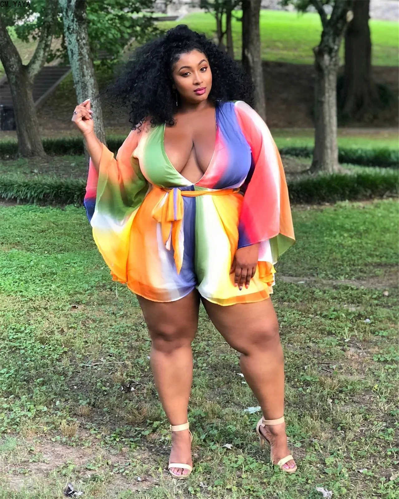 CM.YAYA Plus Size deep v Neck tie-dye Print Boho Romper Women Summer Playsuit Butterfly Sleeve Lace Up Jumpsuits CMJ5048