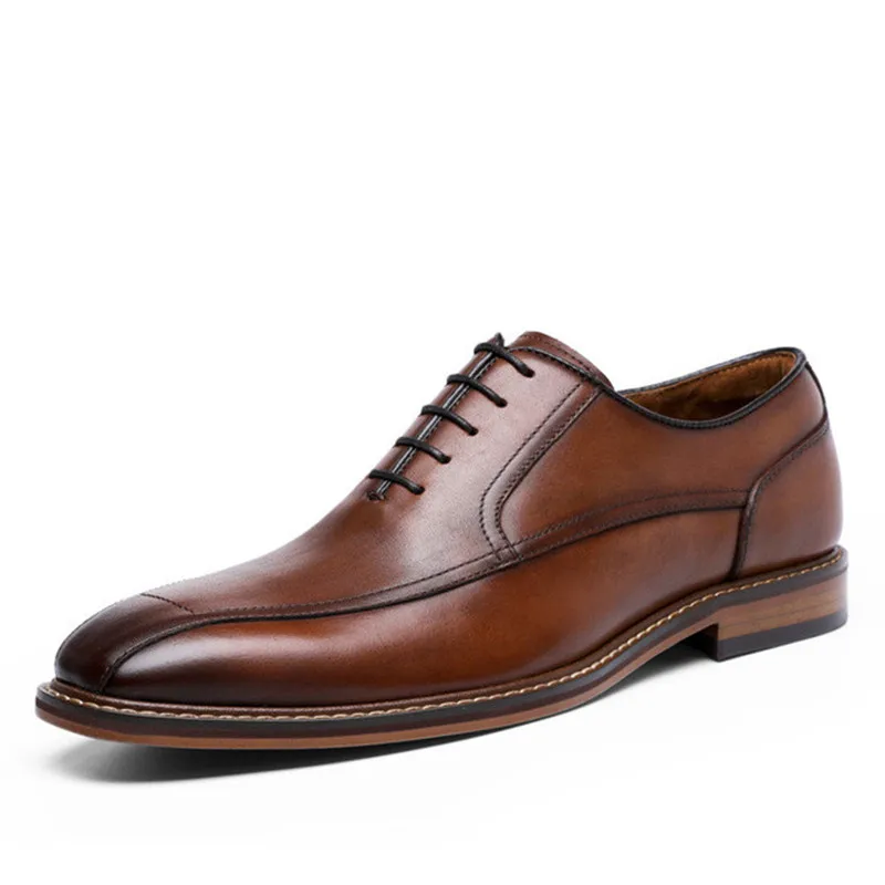 

Brand 2019 Hot Genuine Leather Shoes Men Wedding Office Dress Shoes Brown Patina Handmade Lace-Up Shoes Business Oxford Footwear