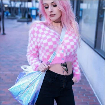 

Pink Checkered Cardigan Fluzzy Mohair Cropped Knit Top Women’s Sweaters Cardigans Cute Outfit /