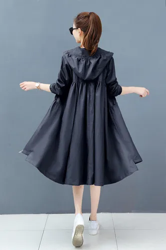 Dark Blue(with liner 3 цвета, осенне-весенний длинный плащ с капюшоном, повседневное офисное Женское пальто с карманами, пальто в Корейском стиле, Новые поступления - Цвет: Dark Blue(with liner