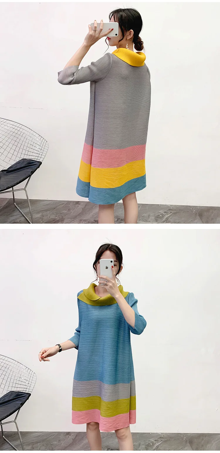 Miyake плиссированные платья, пожалуйста, платья с отложным воротником, пэчворк, повседневное Макси платье для женщин, новая мода, длина до колена, элегантное платье размера плюс