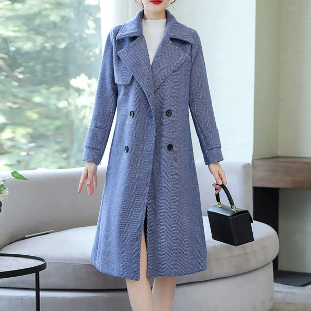 JAYCOSIN шерстяное пальто, Женское зимнее теплое шерстяное двубортное длинное пальто с отворотом, Тренч, элегантный длинный рукав, Офисная модная куртка