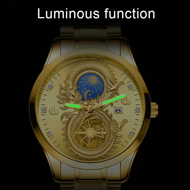 Dragon Phoenix Men's Luxury Business Watch Moon and Star Glow in the Dark Calendar Gold Plated Waterproof LL@17