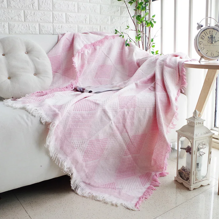 

Pink and White Blankets Nordic Thread Blanket Sofa Decorative Throws Blanket on Sofa/Bed/Plane Knit Blanket with Tassel