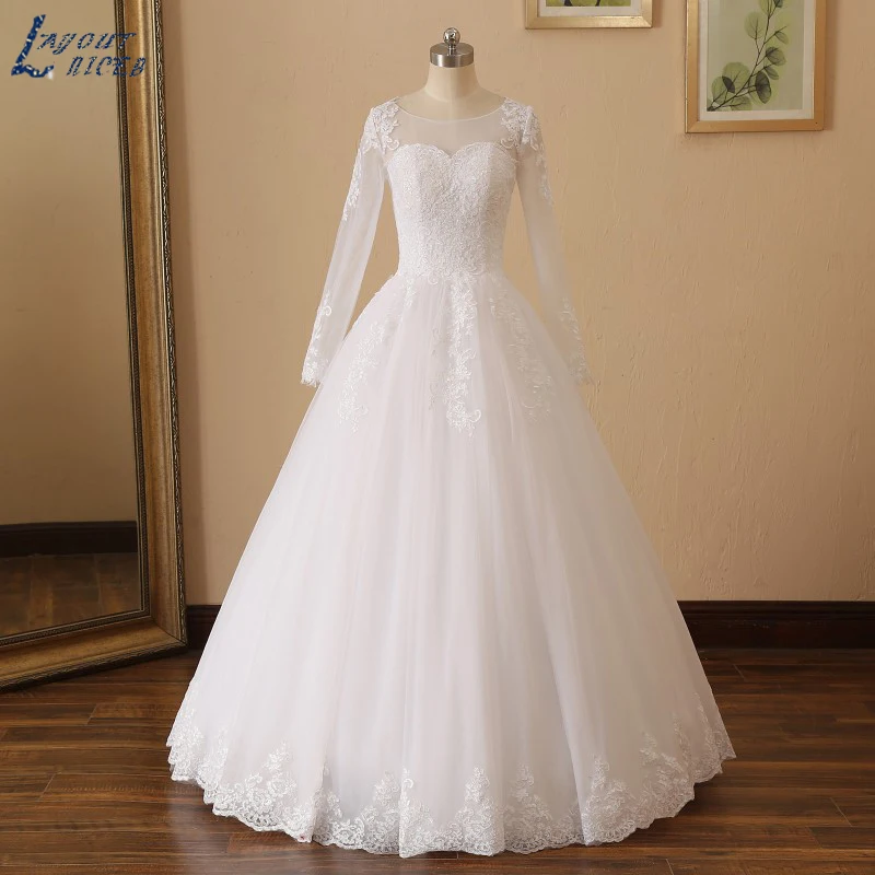 YQS020 Robe De Mariee кружевное свадебное платье трапециевидной формы с длинными рукавами свадебное платье на молнии с круглым вырезом на заказ