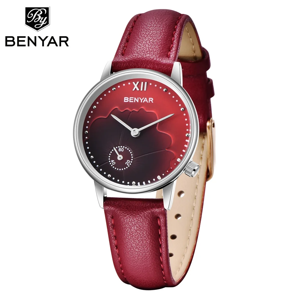 silver red Женские Модные кварцевые часы, женские Роскошные Водонепроницаемые кожаные Наручные часы, женские часы с цветком и циферблатом, reloj mujer montre femme - Цвет: silver red