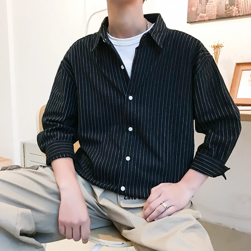 

2019 Hong style men's summer sleeves Striped Korean version lapel students the loose wild youth Long shirt camisas