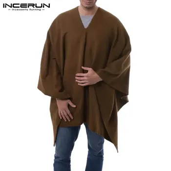 

INCERUN Solid Color Men Cloak Coats V Neck 2020 Streetwear Faux Fleece Casual Trench Autumn Loose Irregular Ponchos Men Pullover