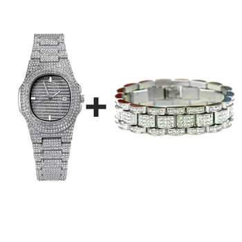 

Watch Bracelet Set Rhinestones Paved Iced Out Gold Color Watch Band Link Chain For Men Hip Hop Bling Rapper Jewelry