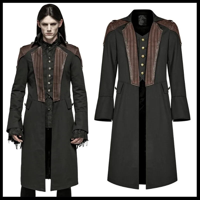 

PUNK RAVE Men's Steampunk Retro Mid-length Jacket Coat Stage Perform Fake Two Pieces Coat Gothic Personality Handsome Coat