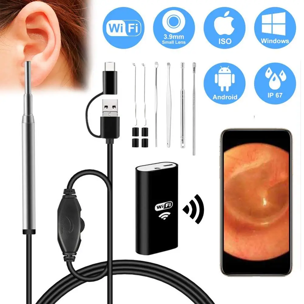 

WiFi 3.9mm Ear Endoscope 3 in 1 Borescope 720P Waterproof Inspection Camera Ear Wax Remover Tool 6 LED for Android ios Phone