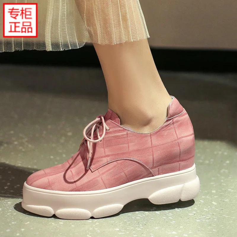 

2019 Spring New Style Genuine Leather Lace-up Elevator Thick Bottomed Casual Shoes Slanted Heel-Toe Platform Pink WOMEN'S Shoes