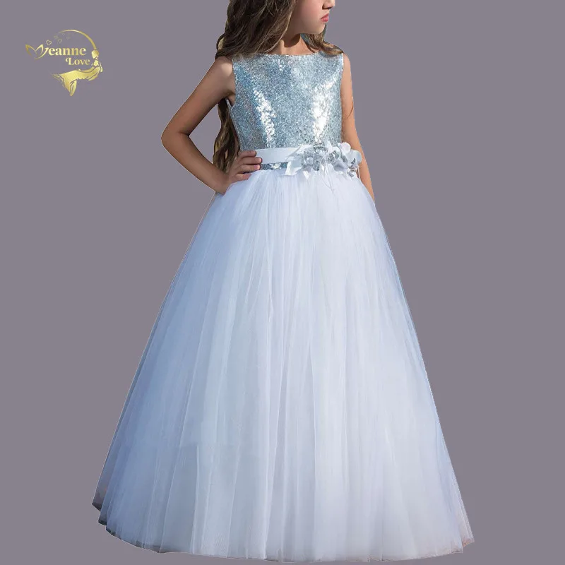 

Elegant Silver Sequins Kids Evening Gowns Prom Dresses Sleeveless Flower Belt First Communion Dresses For Girls Pageant Dresses