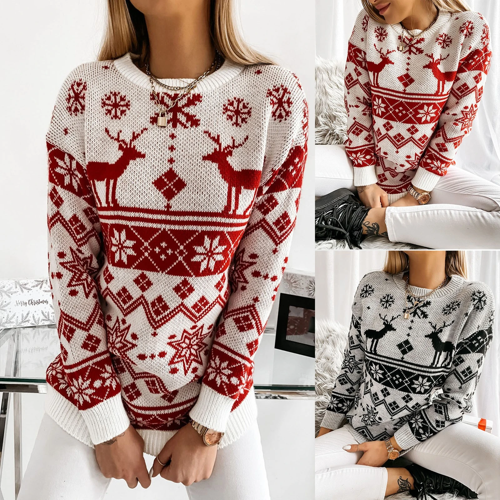Suéter invierno Navidad copo de nieve impresión cuello redondo de punto manga larga Jersey Casual amantes de la moda ropa vacaciones|Pulóveres| - AliExpress