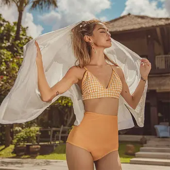 

Sweet Elegant Plaid Swim Suit Bra And Panty 2 Pcs Swimsuit Fashion Sexy High Waist Female Bikini Sets