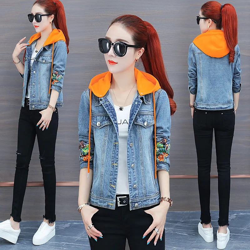 

Fashion New Style Denim Jacket Women's 2019 Autumn Korean-style Contrast Color Deconstructable Hooded Exquisite Embroidery Jeans