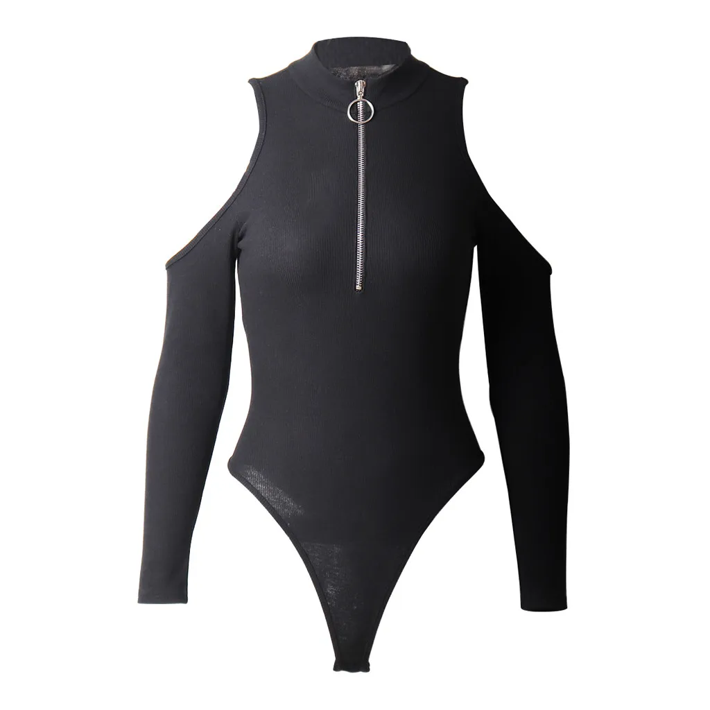 Black Front Bodysuit Sexy Long Sleeve O-neck Off Shoulder Zipper Tight Plain Skinny Bodysuits Women Stretchy Minimalist Bodysuit