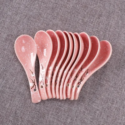 Ceramic bowl and plate Japanese tableware home snow glaze underglaze simple cute pattern bowl noodle rice bowl 10 Pack - Цвет: pink spoon 10pcs