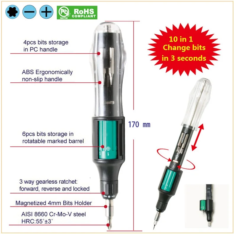 Pro'sKit SD-9810A-BC 10 в 1 Авто загрузка трещотка отвертка-двойной блистер