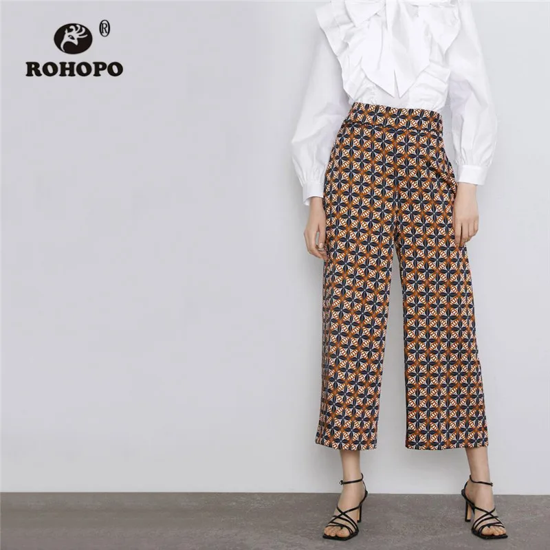 

ROHOPO Geometric Printed Vintage Wide Leg Pant High waisted Trousers Hidden in-seam side zip closure Fly Retro Buttom #9347