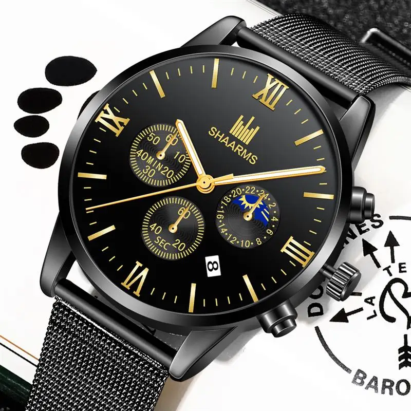 

Hot Mens Fashion Moon Phase Decoration Luxury Watch Ultra Thin Stainless Steel Mesh Belt Casual Quartz Watches Men Wristwatch