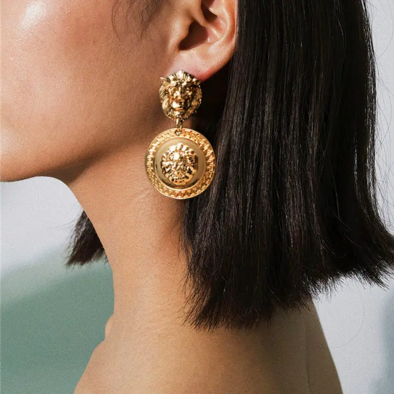 

Charms Gold Silvery Dangle Earrings Exaggerated New Design Lion Head Geometric Retro Style Personality Stud Earrings For Women