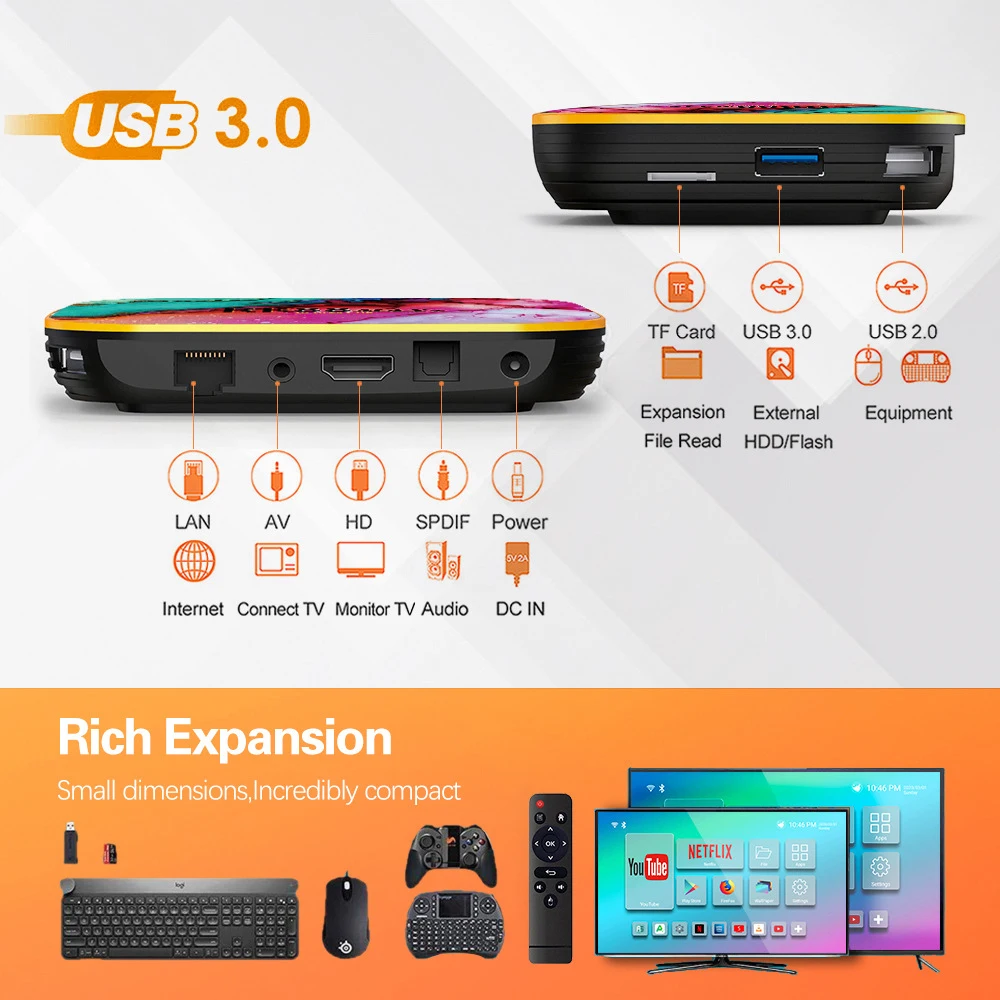 Android 9.0 TV BOX with RK3318 Quad-Core 64bits Cortex-A53 Penta-Core Mali-450 GPU 4GB RAM 64GB ROM Dual-WiFi Support 2.4GHz/5GHz 4K 3D Ultra HD HDMI H.265 USB 3.0 Smart Video Player Android 9.0 TV BOX with RK3318 Quad-Core 64bits Cortex-A53 Penta-Core Mali-450 GPU 4GB RAM 64GB ROM Dual-WiFi Support 2.4GHz/5GHz 4K 3D Ultra HD HDMI H.265 USB 3.0 Smart Video Player