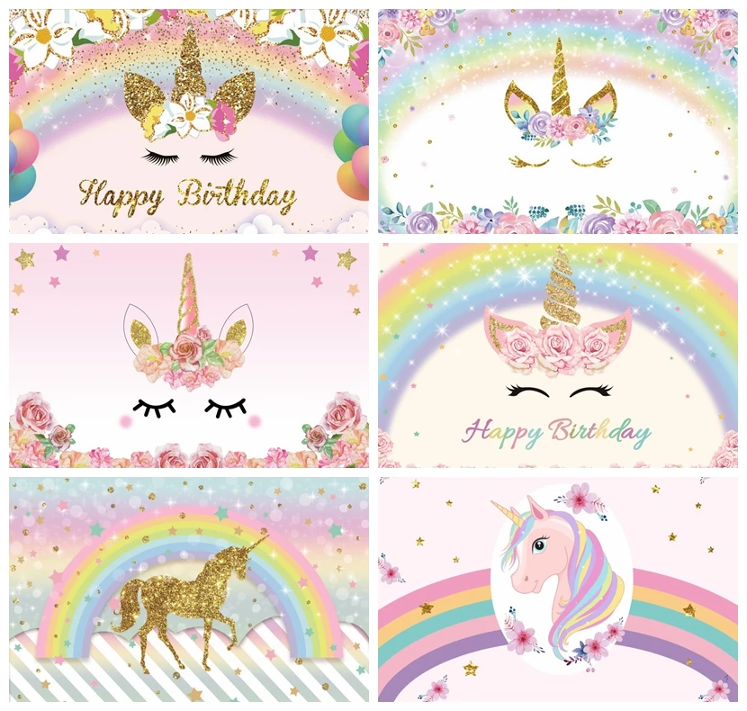 Unicorn Background Flower-Balloon Baby Poster Photo-Studio Birthday-Party Photocall 