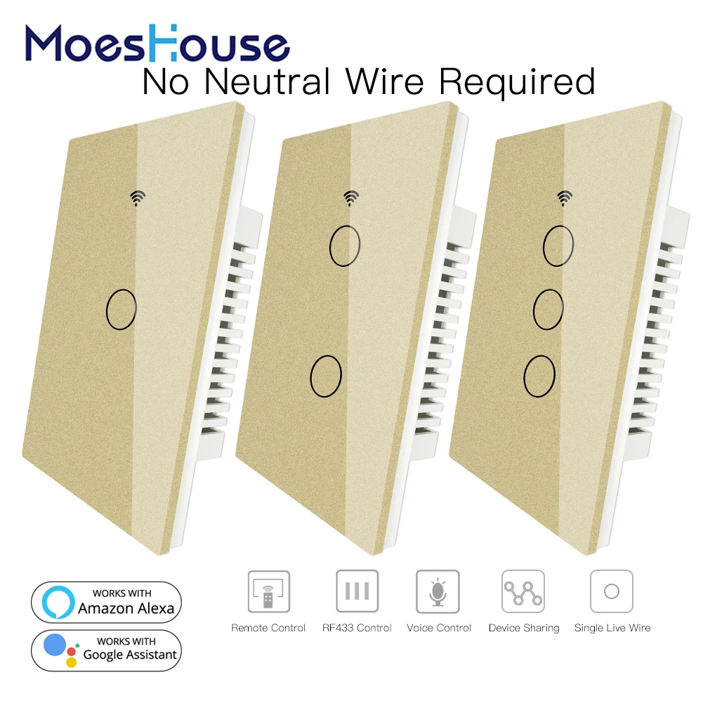 

RF433 WiFi Smart Wall Touch Switch No Neutral Wire Needed Smart Single Wire Wall Switch Work with Alexa Google Home 170-250V