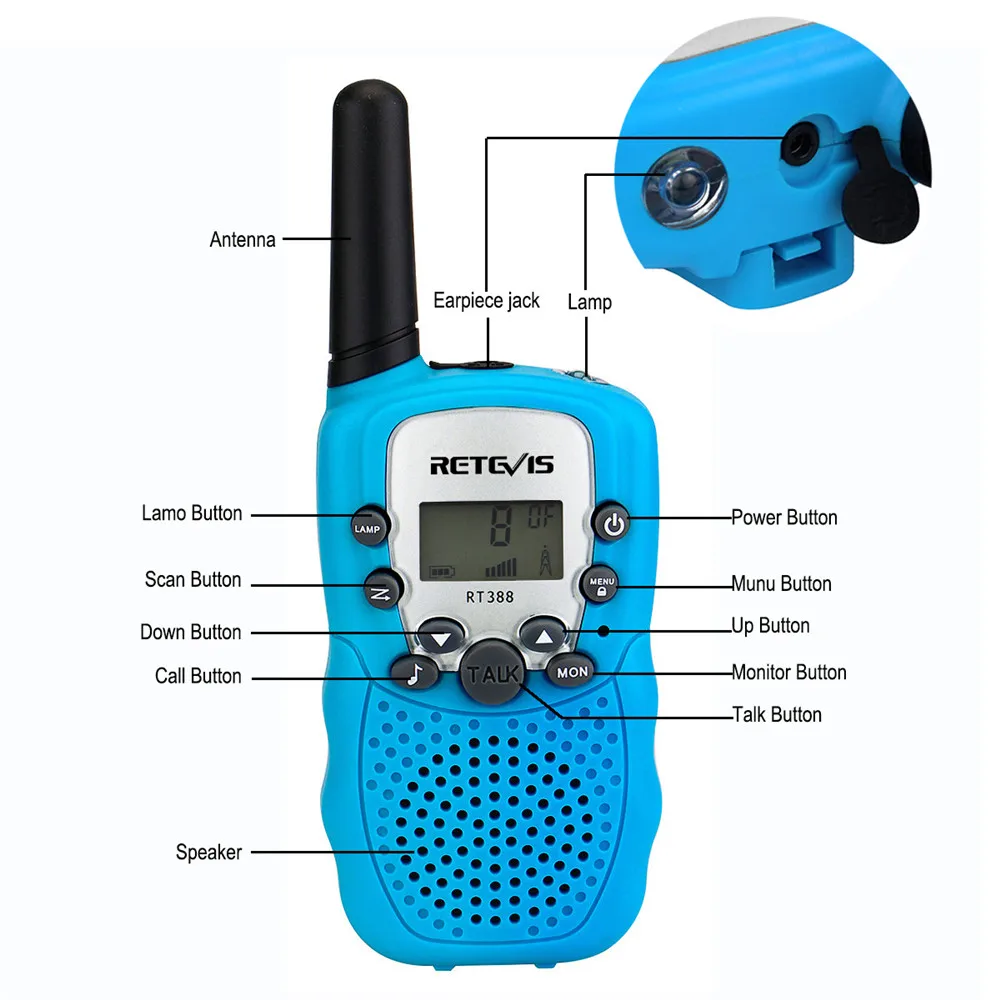 Online Mini Walkie Talkie Kinder 2 stücke Radio Station Retevis RT388 0,5 W PMR PMR446 FRS UHF Zwei weg Radio VOX Taschenlampe Communicator Geschenk