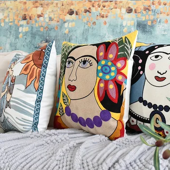 

100% Cotton Picasso Style Embroidered Square Pillow Case Sofa Cushion Cover For Car Chair Cushion Case 45x45cm Without Stuffing