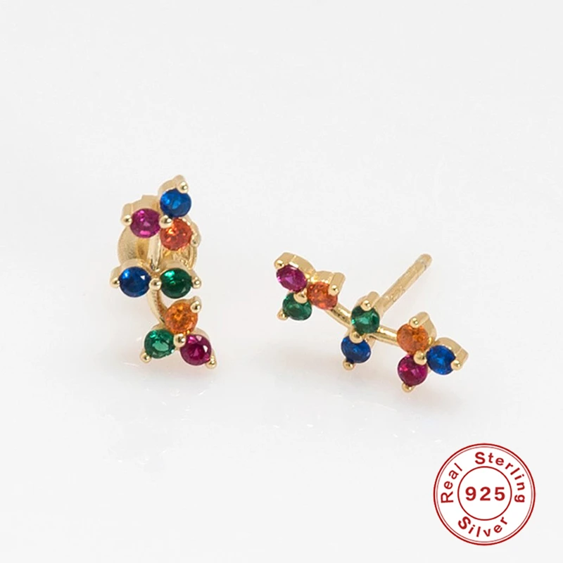 

925 Sterling Silver Stud Earrings For Women Colorful Zircon Crystal Earring Piercing Cartilage Earings Luxury Jewelry Pendientes
