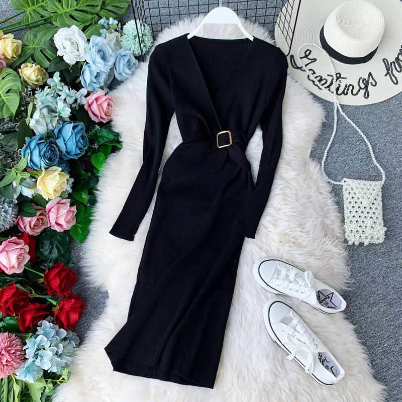 ALPHALMODA Осень Зима Новое поступление женское Облегающее вязаное платье с длинными рукавами v-образный вырез с пряжкой на талии женское однотонное платье