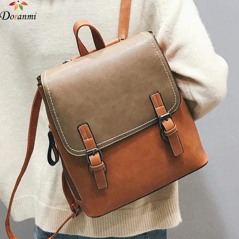 

DORANMI Classic Schoolbag Women's Backpack 2019 Leather Color Contrast Backpack Shoulder Back Bags Female Book Mochila DJB824