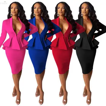 

Women Two Piece Outfits Ruffles Spliced V-neck Long Sleeve Tops & Bodycon Midi Skirts Two Piece Set Office Lady Winter Outfits