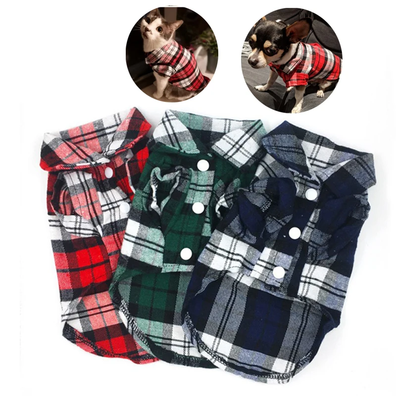 Buen trato Verano estilo británico Plaid perro Camisa de algodón Gato camisas de perrito Bulldog francés camisa de chihuahua Pequeño medio gato perro ropa zWzKE83o589