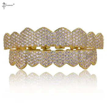 

Micro Pave CZ Hip Hop Bling Jewelry Gold Color Teeth Grillz Top Bottom Tooth Caps Grill Set Hip Hop Bling Jewelry For Men Rapper