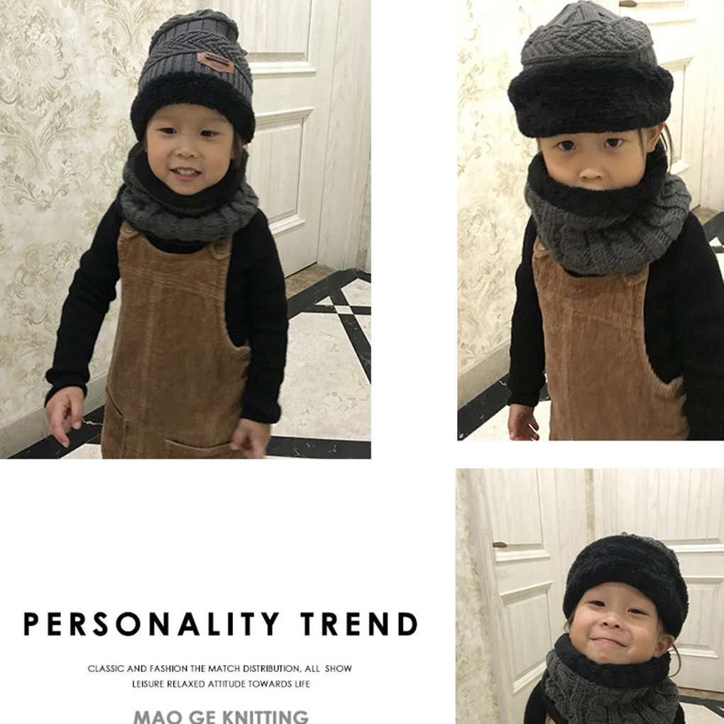 child gray Шапки для папы, взрослых, детей, Mn, теплый шарф, набор, зимняя вязаная шерстяная шапочка, толстые теплые лыжные шапочки, шапка для мужчин, детская шапка - Цвет: child gray