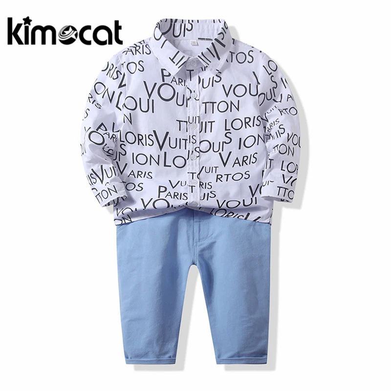 Kimocat/комплект одежды для мальчиков, с длинными рукавами, 2 предмета, красивая повседневная одежда для новорожденных джентльменов хлопковая рубашка+ штаны, Одежда для младенцев