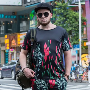 

Summer casual large size short-sleeved t-shirt men's print plus fat increase loose