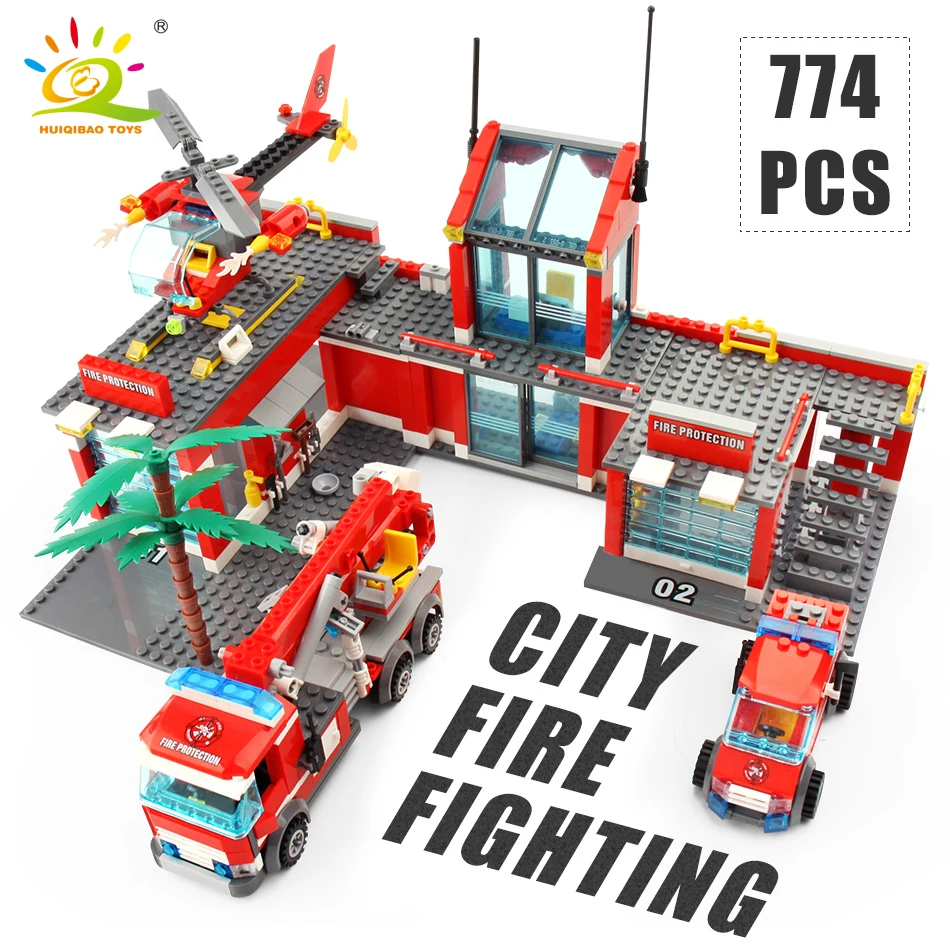 774 шт. модель пожарной станции Строительные блоки Набор грузовой вертолет пожарный кирпичики город образовательное строительство игрушка для детей